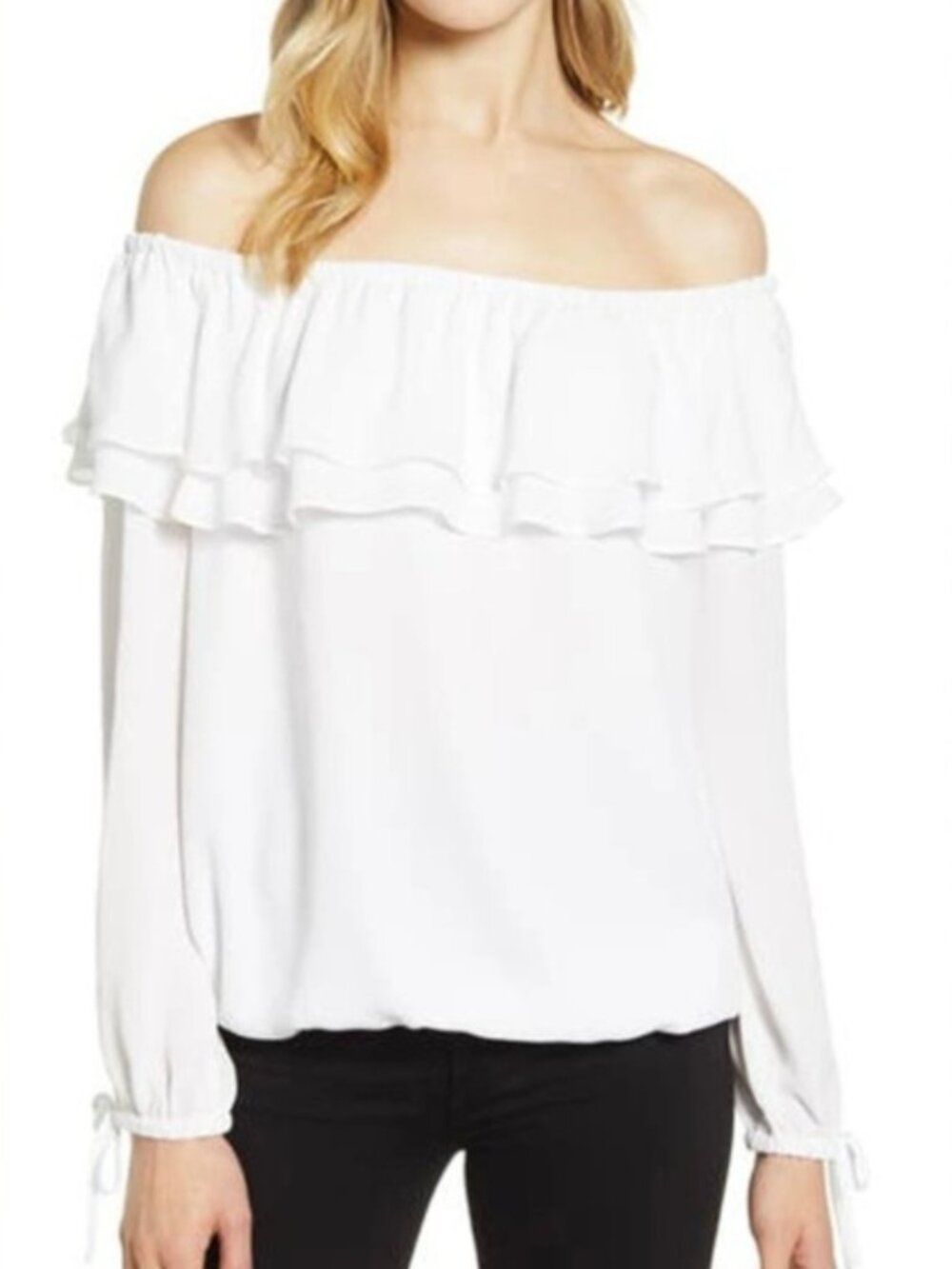 Ruffled off-the-shoulder  peasant blouse.